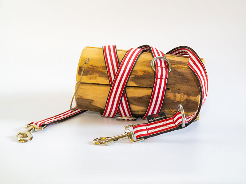 Hundeleine_sailor Hundeleine in der Farbe rot weiß vor einem dekorativen Hinterfrund