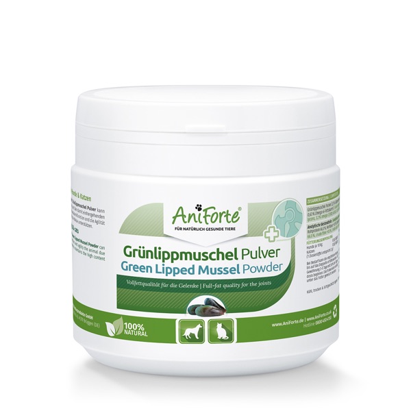 Guenlippmuschelpulver_Hovawart3 Grünlippmuschelpulver für den Hund ist eine natürliche Gelenkenahrung. Das Pulver in Vollfettqualität trägt zum Erhalt des Gelenkknorpels bei