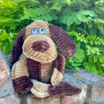 BoBo Bär Hundespielzeug sitzt auf einer Mauer