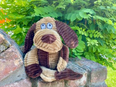 BoBo Bär Hundespielzeug sitzt auf einer Mauer